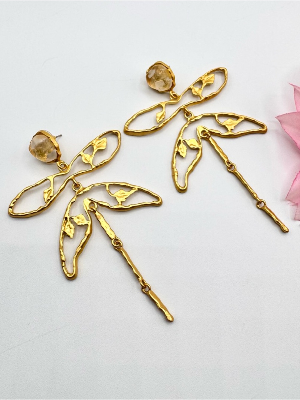 Dragonfly Frame Earrings Brutalist Abstract Bright Gold Tone Big Large Statement